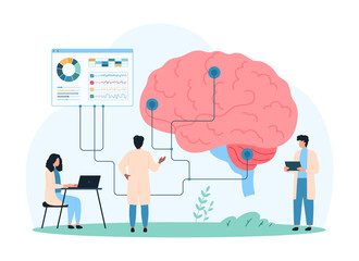 Human brain and nervous system, neuroscience disease research and diagnosis by neurologists. Tiny people test brain with connected wires of electroencephalography cartoon vector illustration