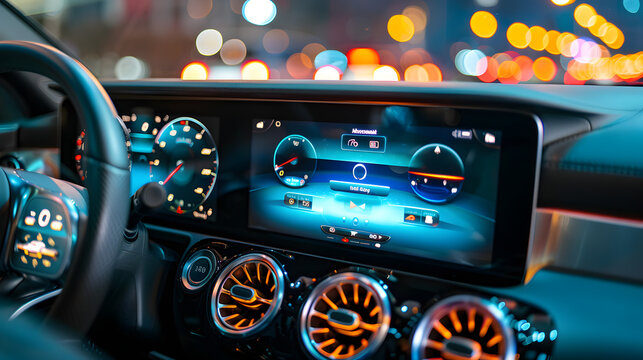 Close-up of a high-tech car dashboard featuring illuminated digital displays and control panels. The modern design and advanced technology highlight a luxurious automotive experience.