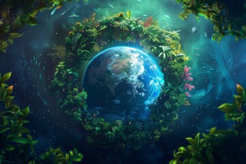 Earth in a Lush, Green Wreath with Cosmic Background