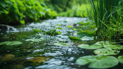 Fototapeta premium Beautiful small river surrounded by green plants