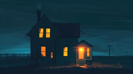 Solitary House with Glowing Windows in a Misty Forest Under the Night Sky