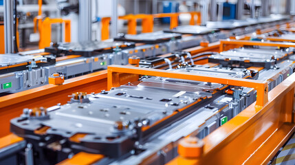 Close-up of a battery production line in an industrial facility, highlighting modern technology and precision engineering. Ideal for energy, industry, and manufacturing themes.