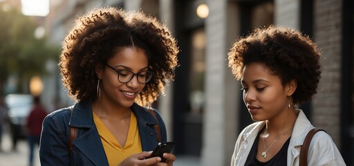 A curly African American mother and daughter in stylish clothes focus on their phones, engrossed in digital worlds