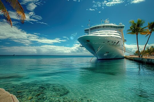A luxurious cruise ship docked at a tropical port with clear blue water and palm trees