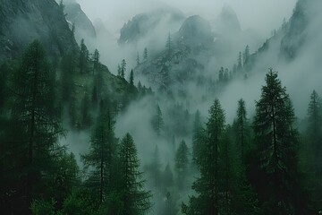 Misty Mountain Landscape with Pine Trees in Fog for Nature Photography and Wall Art