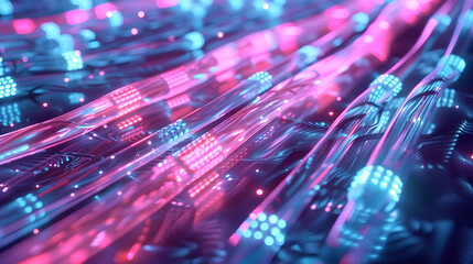 Fototapeta premium Close-up of glowing pink fiber optic cables representing high-speed data transmission and modern technology. Perfect for tech, digital communication, and futuristic themes.