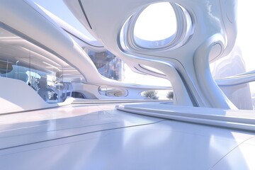 Futuristic Architecture. Bright White Interior with Organic Shapes and Skylights