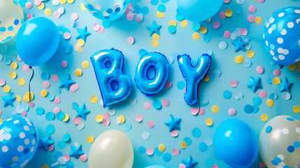 Blue word Boy, balloons, and confetti on blue background for gender reveal party