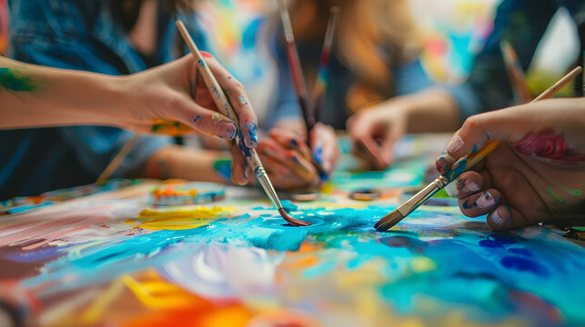 Close-up of multiple hands painting with brushes on a colorful canvas, showcasing teamwork and creativity during a group art session. Perfect for art, creativity, and collaboration themes.