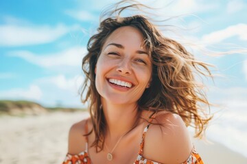 joyful woman in her 30s enjoying a sunny day at the beach smiling portrait photography