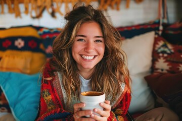 joyful young woman savoring a cup of coffee at home laughing on a cozy autumn day lifestyle portrait - Powered by Adobe