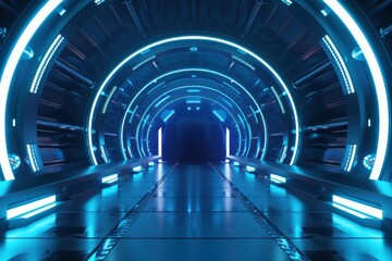 Futuristic Sci-Fi Tunnel with Blue Neon Lights, Spaceship Corridor Background