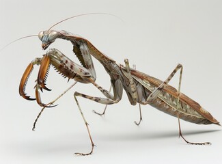 Giant Brown and Orange Mantis with Spiky Antennae on a White Background