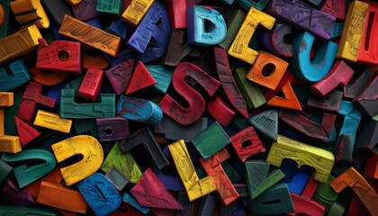 Vibrant Alphabet Mosaic: Colorful Wooden Letters in a Stacked Art Display