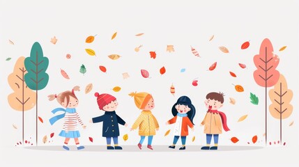 Illustration of five children playing with autumn leaves in a park, featuring colorful trees and foliage in a whimsical style.