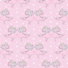 seamless pattern mouse ballerina. cute pattern for children's textiles a mouse in a skirt and crown is dancing.