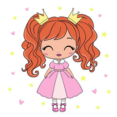 Hand drawn beautiful, cute, romantic redhead curly girl with freckles on the background with words Princess. Vector illustration.