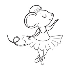 Coloring Pages. Coloring Book for kids with mouse ballerina. Outline animal vector illustration. Adorable character for cards, wallpaper, textile, fabric, kindergarten.