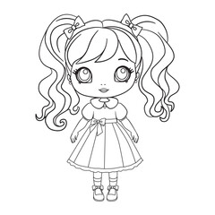 A cute little girl in a dress. A coloring book page with a colorful template for children.