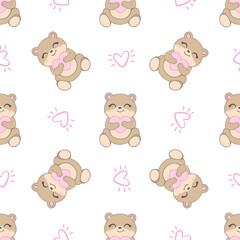 teddy bear with bow tie and kawaii hearts, pink girly seamless pattern background with abstract sun, kids cute woodland animals fabric
