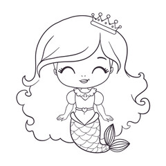 Coloring book for children. Cute cartoon mermaid. Funny beautiful little sea princess. Kids comic print for little girl.