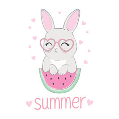 Hand-drawn cute rabbit with glasses and watermelon, vector illustration of a rabbit