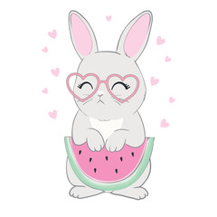 Hand-drawn cute rabbit with glasses and watermelon, vector illustration of a rabbit