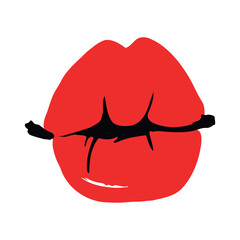 Cartoon red glossy female lips. lip line drawing. Woman gloss lipstick pattern. Flat vector icon.