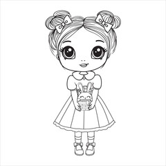 A cute little girl in a dress. A coloring book page with a colorful template for children.