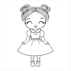 A cute little girl in a dress. A coloring book page with a colorful template for children.