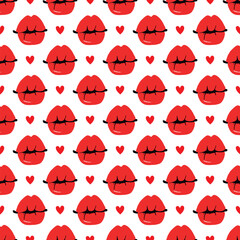 Red pink makeup woman lips shapes background Valentine's Day kiss seamless pattern Flat graphic girl mouth backdrop Romantic feminine design.