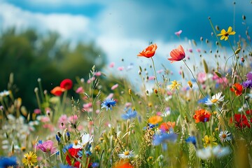 An icon of a spring meadow, wildflowers swaying in a gentle breeze