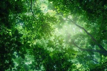 lush forest canopy viewed from below sunlight filtering through leaves various shades of green creating depth seamless pattern design