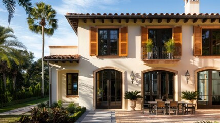 Fototapeta premium Spanish villa with terracotta Bahama shutters, adding Mediterranean warmth to the sun-drenched facade