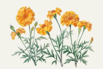 Charming Botanical Illustration of Marigold Tagetes for Floral Art Design and Decor