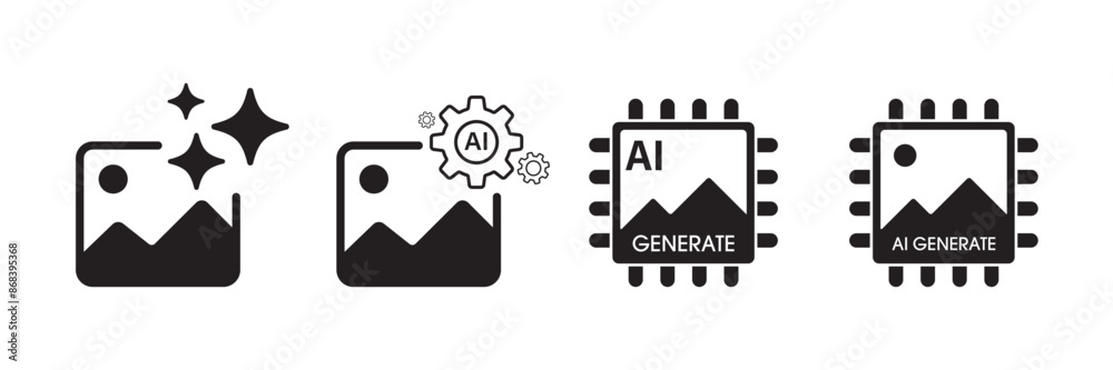 Aufkleber Set of AI generate image icon. Image enhancement, improve quality and generative by Machine learning. AI enters by command prompt to generate ideas. Icon element for apps web. Vector illustration.