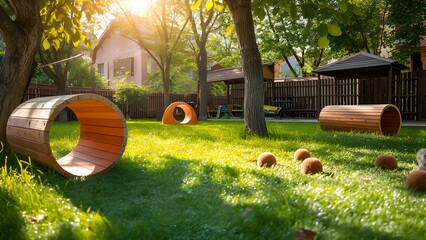 A bright and cheerful outdoor pet playground with wooden tunnels and balls scattered on the grass