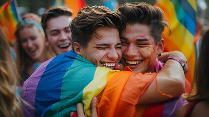 Fototapeta premium Group hug with pride flags, heartwarming