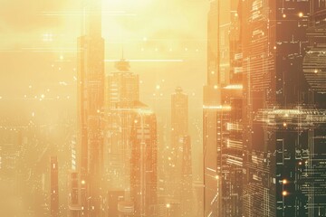 Futuristic Cyberpunk Cityscape At Sunset with High-Tech Skyscrapers - Perfect for Graphic Design Posters and Tech Themes