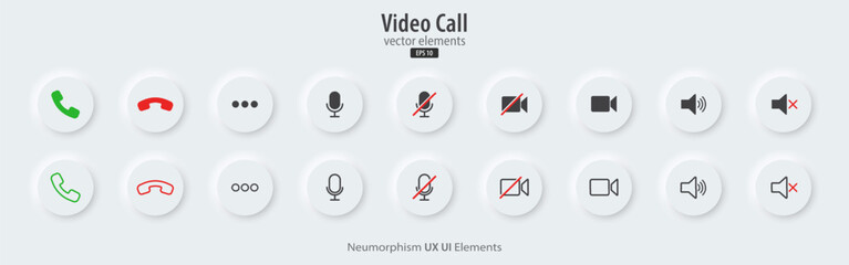 Set of Video call icons. White buttons with Video chat conference symbols. Collection of video communication elements. Neumorphism style, UI UX design, Vector illustration.