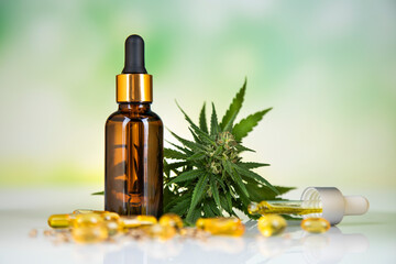 Hemp oil bottle with hemp leaf and cannabis leaf, marijuana