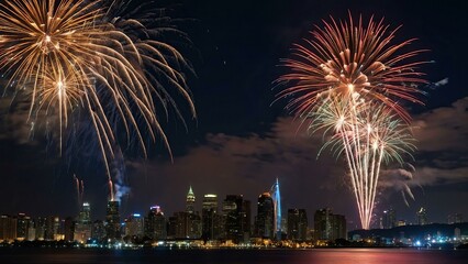 Naklejka premium A clock striking midnight with fireworks bursting in the night sky over a city skyline celebration