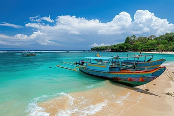 Obraz premium A beautiful Balinese beach with turquoise water, golden sand, and traditional fishing boats anchored near the shore