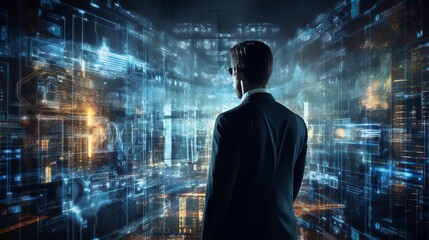 Man in futuristic data interface room, digital technology concept