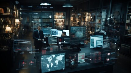 High-tech office with digital screens displaying data, technology concept