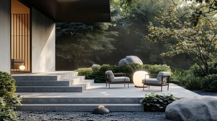 Modern outdoor patio with chairs and lantern in serene garden setting, relaxation concept