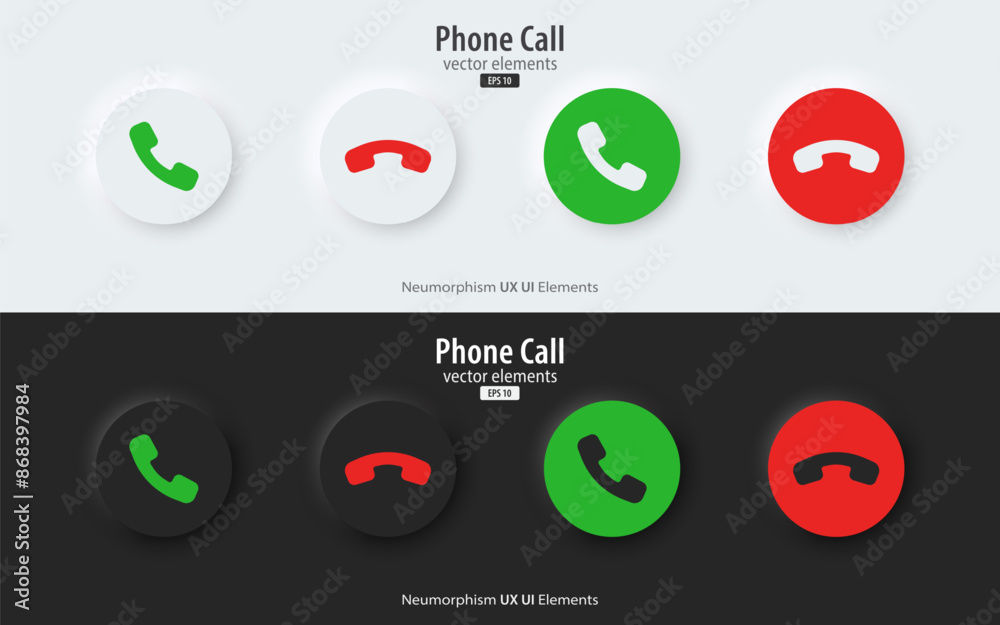 Poster Phone call icon accept and decline icons. black and white buttons with accept and decline symbols. Phone call. Telephone sign. Neumorphism style, UI UX design, Vector illustration.