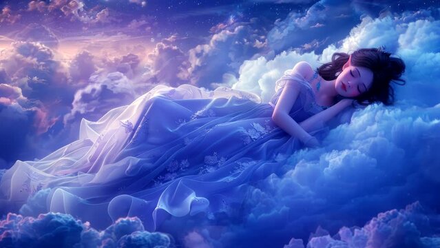 Dreamy girl in elegant dress sleeping on fluffy clouds under night sky. Fantasy sleep concept
