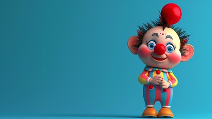 Naklejka premium A 3D cartoon clown with a red nose and big ears is smiling on a blue background.