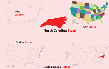 North Carolina map vector of usa, North Carolina line map, North Carolina with city map, North Carolina outline map